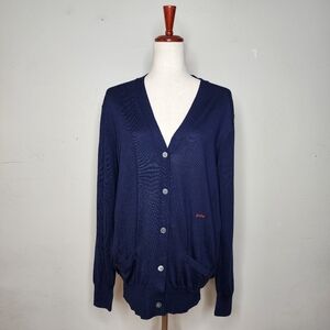POLO‎ Ralph Lauren Blue Label Silk Blend V-Neck Navy Cardigan with Logo Size Med